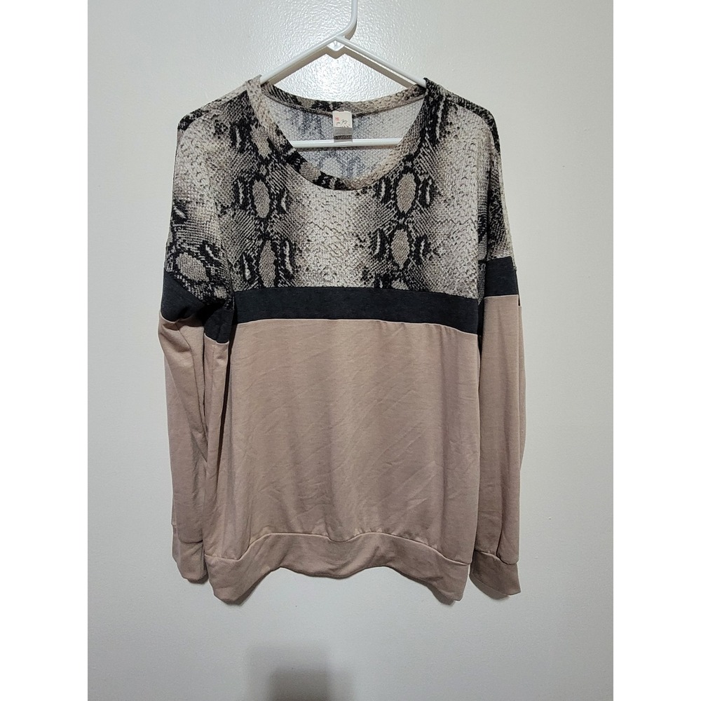 7th Ray Snakeskin Colorblock Pullover Top Women XL Tan Grey